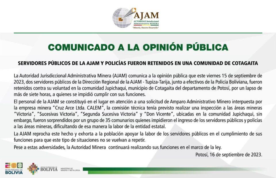 Comunarios impiden trabajo de la AJAM y retienen a funcionarios y policías en Cotagaita