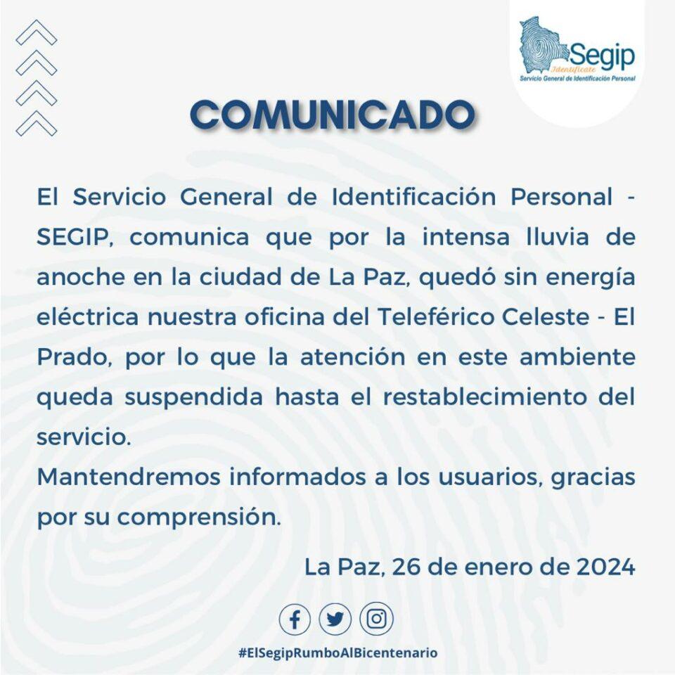 Segip suspende atención en la oficina del Teleférico Celeste - El Prado por un corte de energía