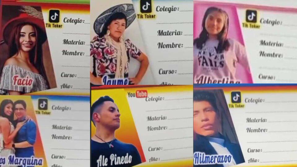 Comerciantes ofrecen etiquetas escolares con rostros de tiktokers bolivianos generando reacciones en redes