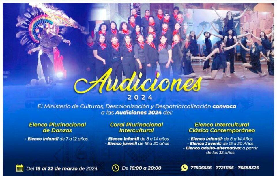 Ministerio de Culturas amplía hasta el viernes 22 las audiciones para formar parte de los Elencos Artísticos plurinacionales