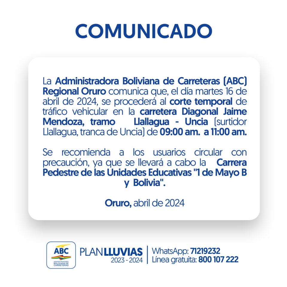 ABC anuncia corte en tramo carretero Liallagua – Uncia este martes por carrera pedestre