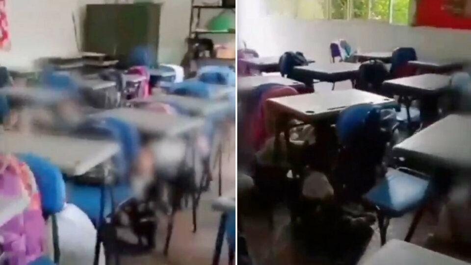 Niños rezan bajo sus pupitres durante un tiroteo entre Ejército colombiano y disidencias de las FARC