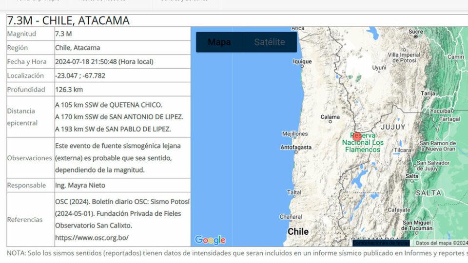 Reportan un sismo de magnitud 7.3 en el norte de Chile