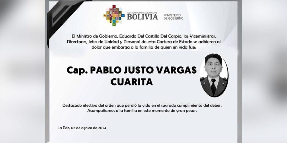 Arce expresa condolencias por fallecimiento del capitán Vargas, exige máxima sanción para agresores