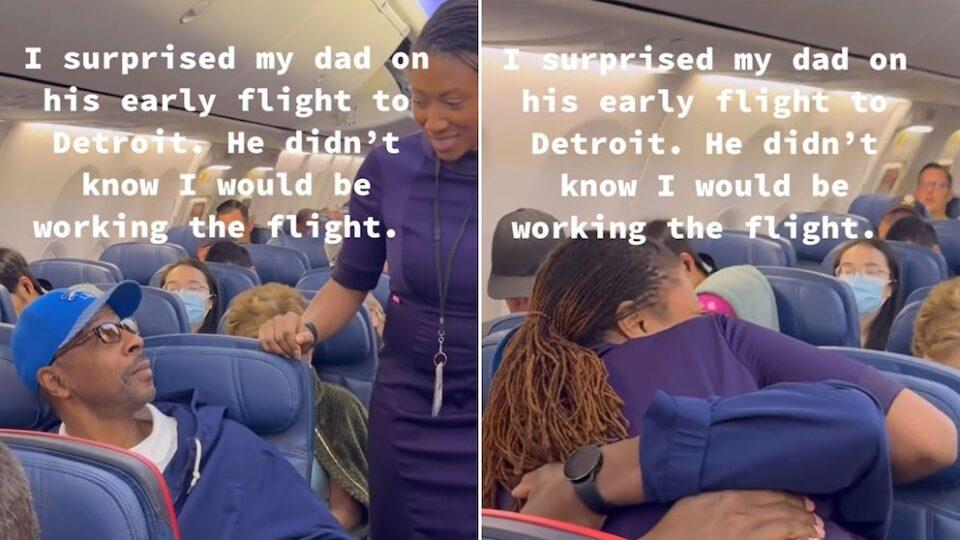 Viajaba en avión sin pensar que su hija, azafata de la misma aerolínea, lo iba a sorprender durante el vuelo