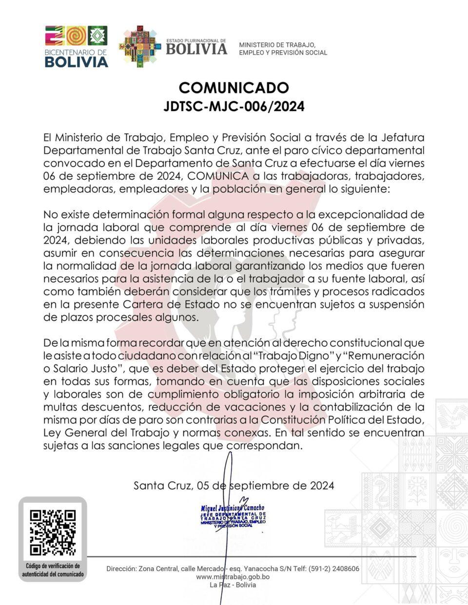 Ministerio de Trabajo exige normalidad laboral durante paro en Santa Cruz y amenaza con sanciones por descuentos a trabajadores