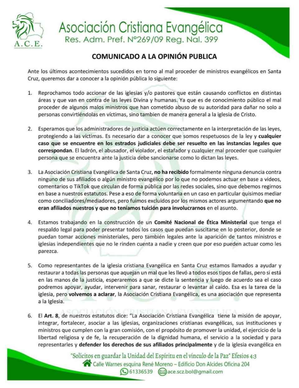 Asociación Cristiana Evangélica condena accionar de pastores involucrados en presuntos delitos